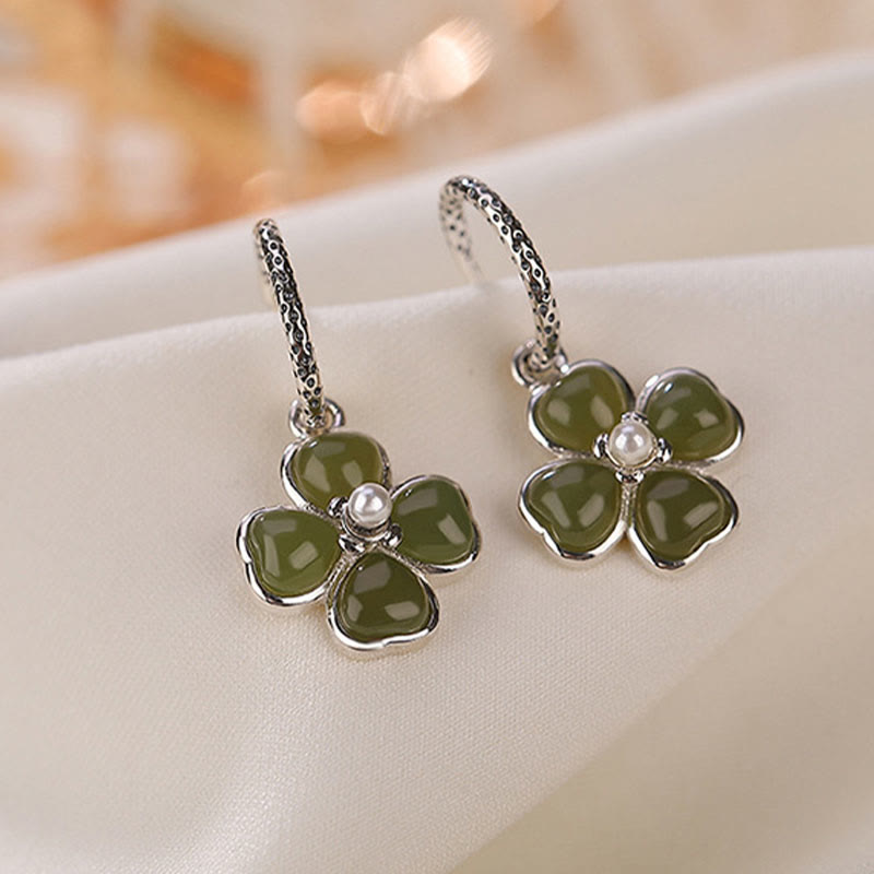 Buddha Stones 925 Sterling Silver Natural Cyan Jade Four Leaf Clover Luck Success Earrings - image 9