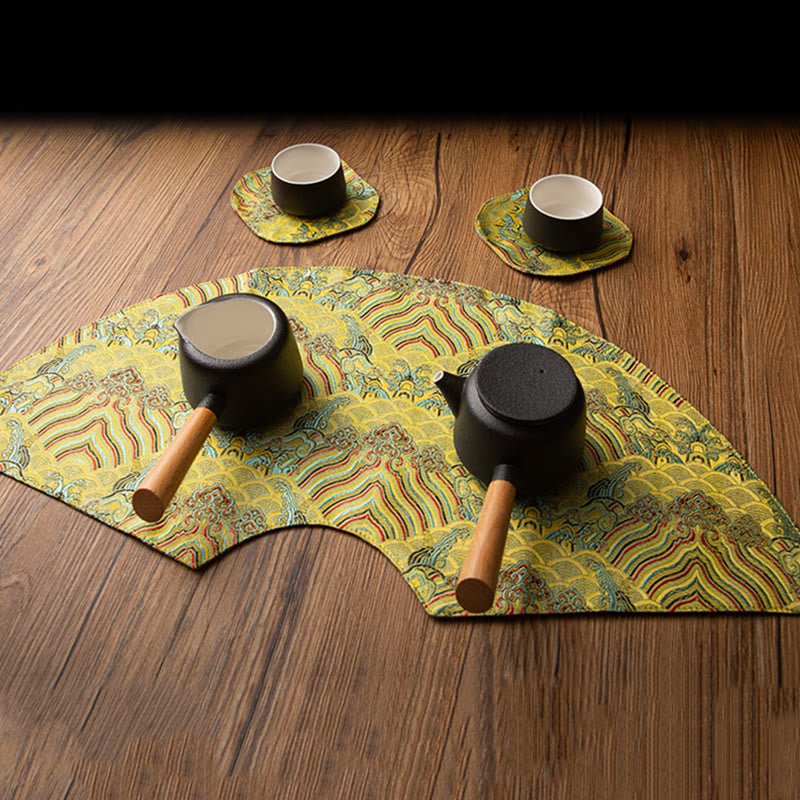 Buddha Stones Vintage Sea Wave Bamboo Plum Blossom Embroidered Cup Mat Pad Tea Cup Coaster Kung Fu Tea Mat - image 0