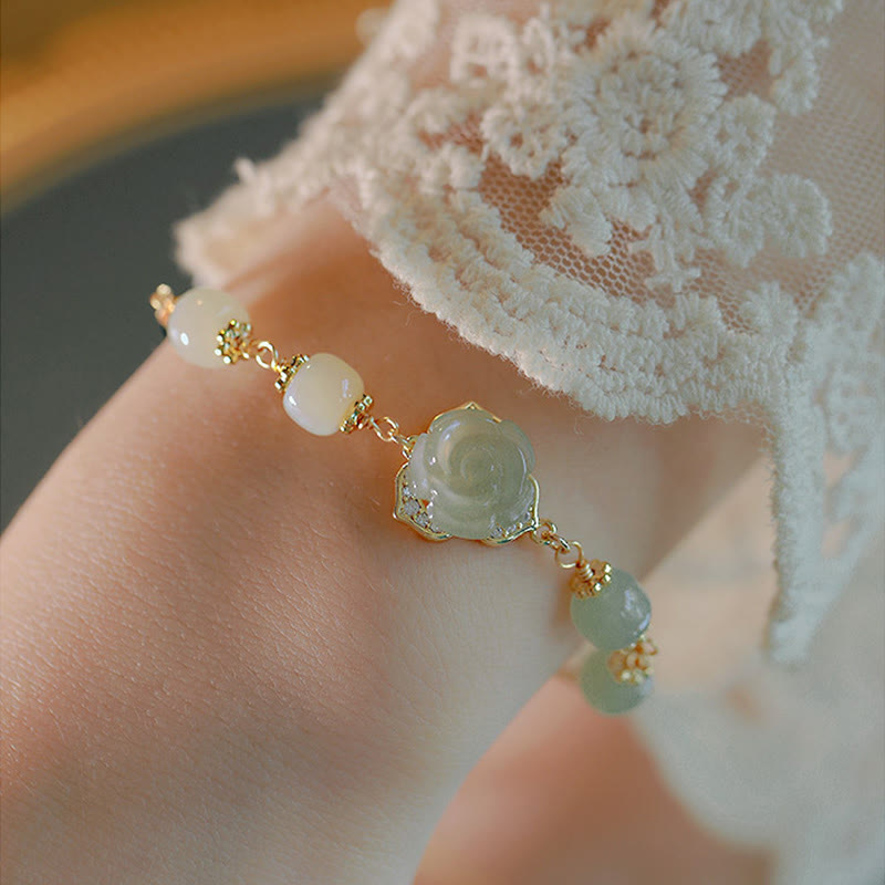 Buddha Stones 14K Gold Plated Hetian Jade Rose Flower Luck Chain Bracelet - image 6