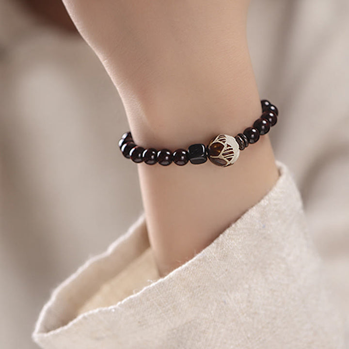 Buddha Stones Small Leaf Red Sandalwood Lotus Bodhi Seed Carved Protection Double Wrap Bracelet - image 9