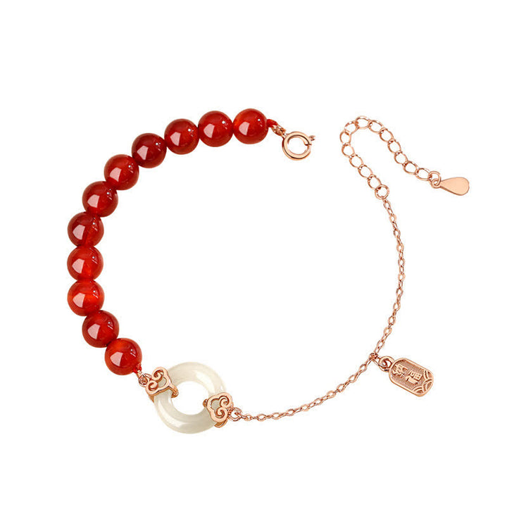 Buddha Stones 925 Sterling Silver Natural Red Agate White Jade Peace Buckle Confidence Bracelet - image 5