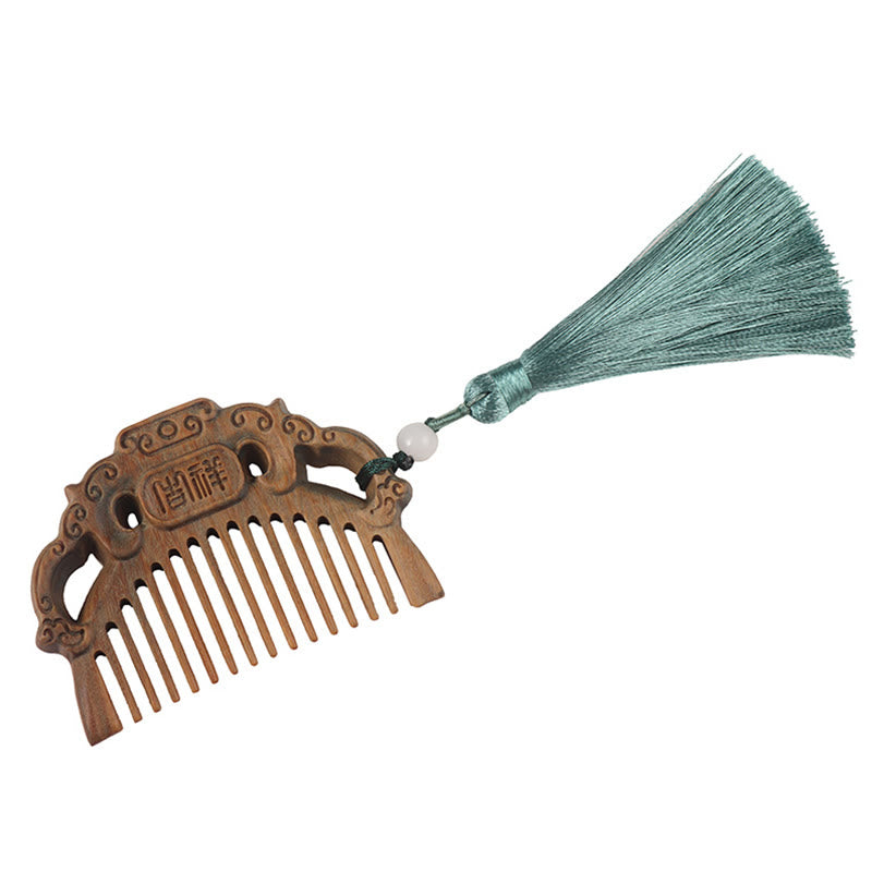 Green Sandalwood Fox Peony Flower Lotus Engraved Cure Tassel Comb - image 7