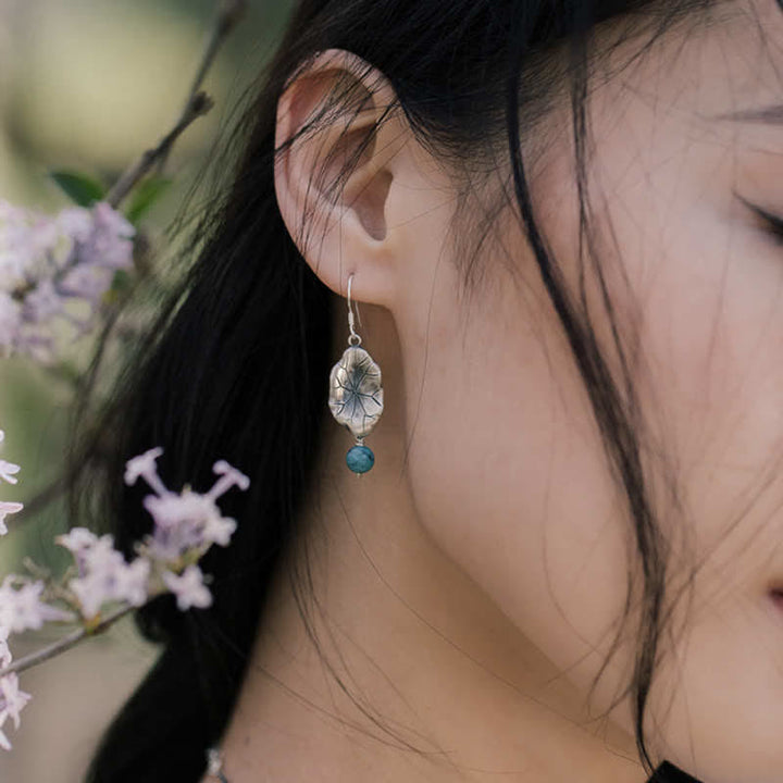 Buddha Stones 925 Sterling Silver Turquoise Lotus Leaf Protection Drop Dangle Earrings - image 4