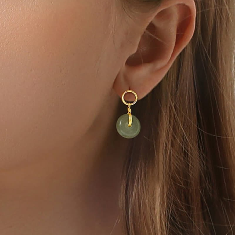 Buddha Stones Round Jade Peace Buckle Luck Drop Earrings - image 3