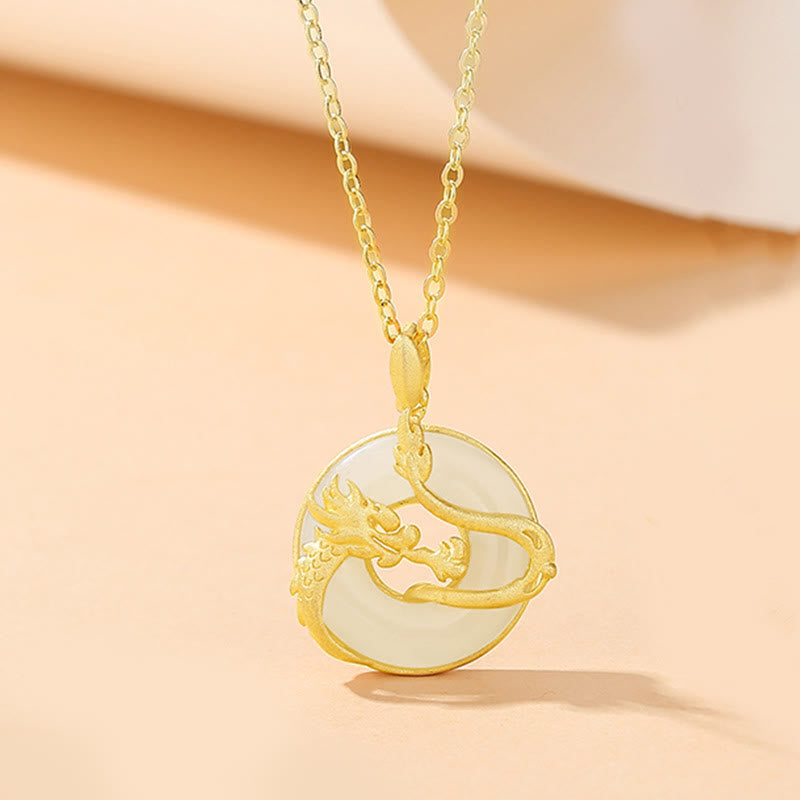 Buddha Stones 925 Sterling Silver Year of the Dragon Hetian Jade Golden Dragon Phoenix Peace Buckle Luck Necklace Pendant - Dragon(Protection♥Success) - image 2