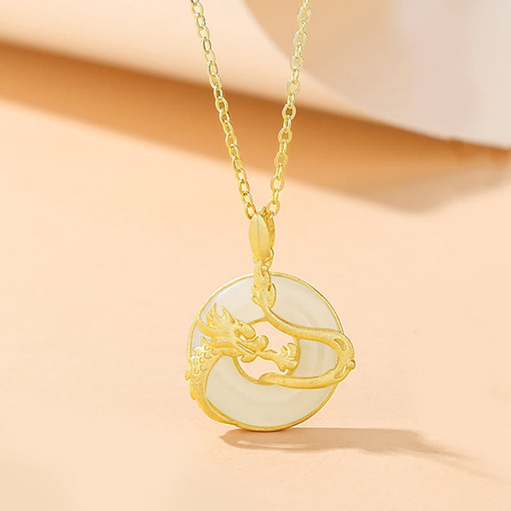 Buddha Stones 925 Sterling Silver Year of the Dragon Hetian Jade Golden Dragon Phoenix Peace Buckle Luck Necklace Pendant - Dragon(Protection♥Success) - image 2
