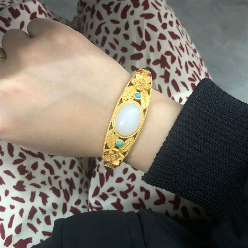 Buddha Stones Cyan Jade White Jade Flower Leaf Harmony Luck Bracelet Bangle - White Jade&Golden Bangle - image 8