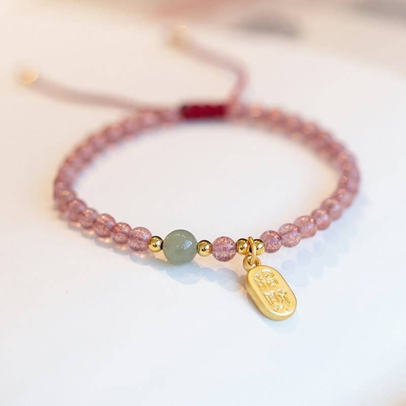 Buddha Stones Natural Strawberry Quartz Garnet Jade Lucky Fortune Fu Character Healing Charm Bracelet - image 2