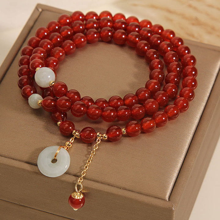 Buddha Stones Natural Red Agate Jade Peace Buckle Calm Triple Wrap Bracelet - image 4