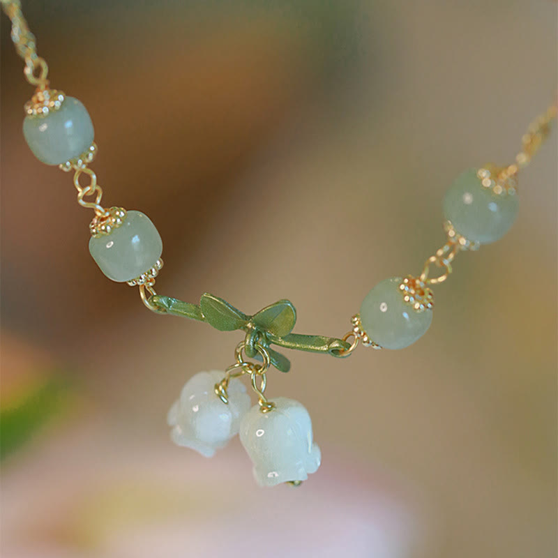 Buddha Stones Green Jade Bead Lily of the Valley Prosperity Chain Bracelet - image 1