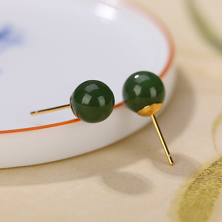 Buddha Stones 925 Sterling Silver Round Cyan Jade Healing Calm Stud Earrings - 8mm Cyan Jade-Gold - image 5