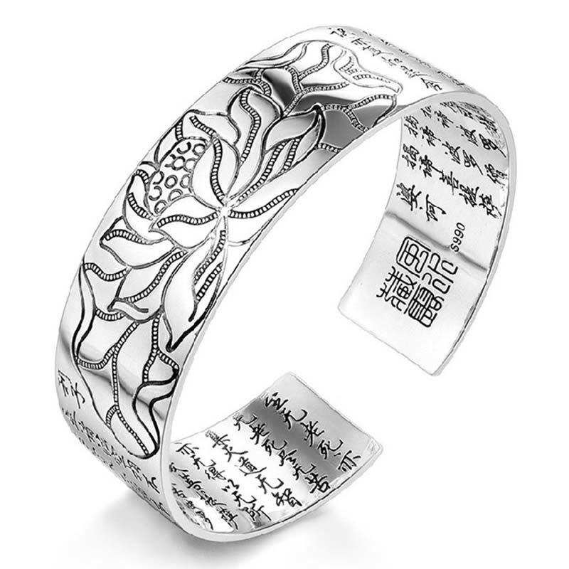 Buddha Stones Tibetan Lotus White Copper Luck Bracelet - Black Engraving - image 0