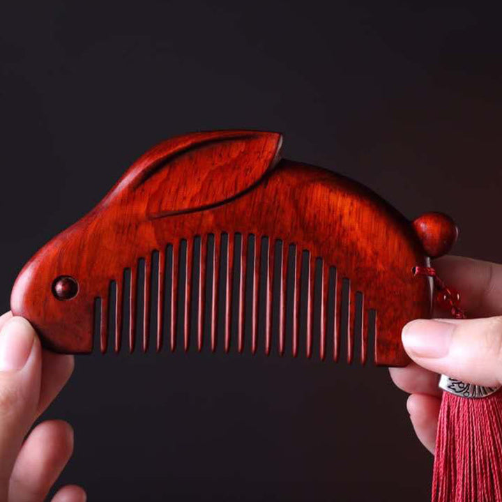 Small Leaf Red Sandalwood Cute Bunny Rabbit Sooth Comb With Gift Box - image 2