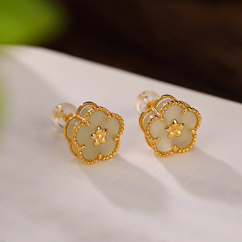 Buddha Stones 925 Sterling Silver Hetian Jade Plum Flower Luck Stud Earrings - image 6