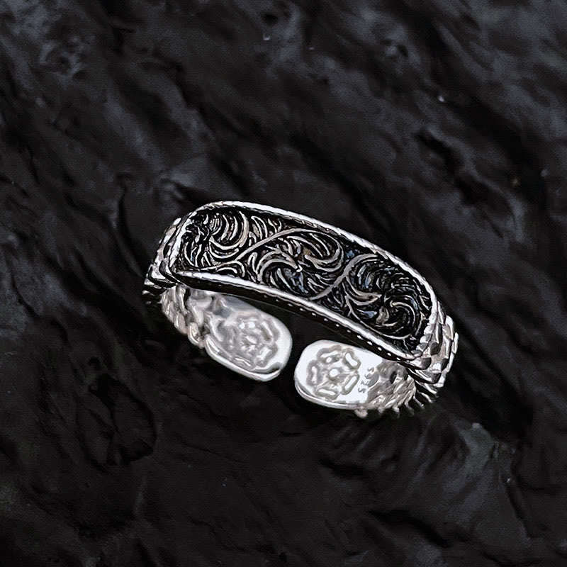 Buddha Stones Tang Dynasty Flower Design Engraved Copper Luck Cuff Bracelet Bangle Adjustable Ring - Silver Tang Dynasty Flower Design - Ring - image 7