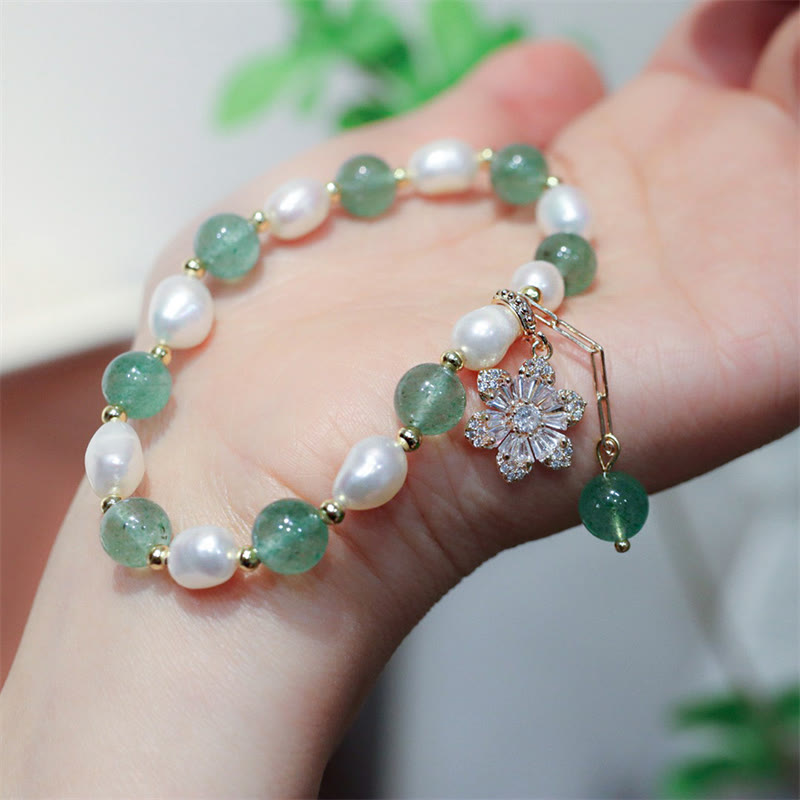 Buddha Stones Natural Green Strawberry Quartz Pearl Flower Charm Love Bracelet - image 4