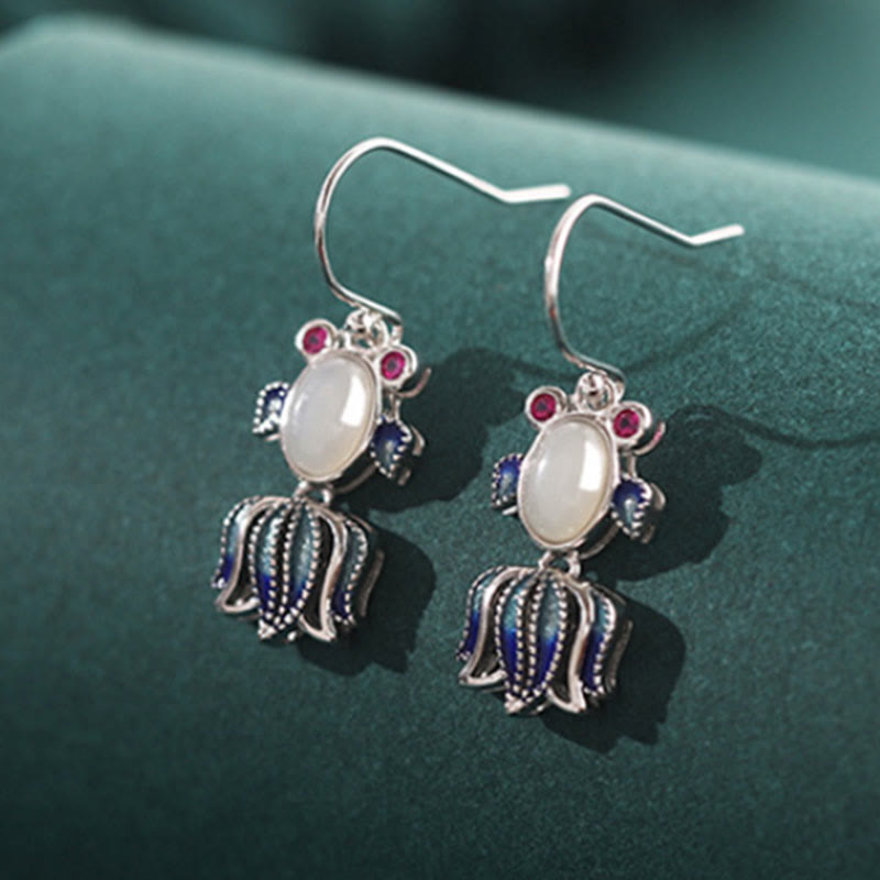 925 Sterling Silver Hetian White Jade Red Agate Cute Fish Happiness Drop Earrings - image 5