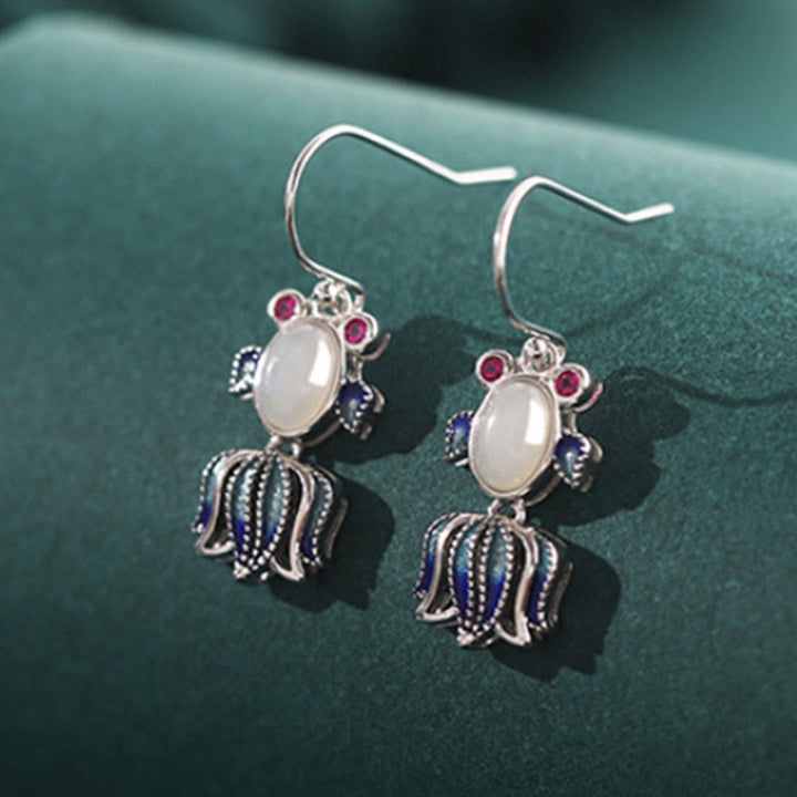 925 Sterling Silver Hetian White Jade Red Agate Cute Fish Happiness Drop Earrings - image 5