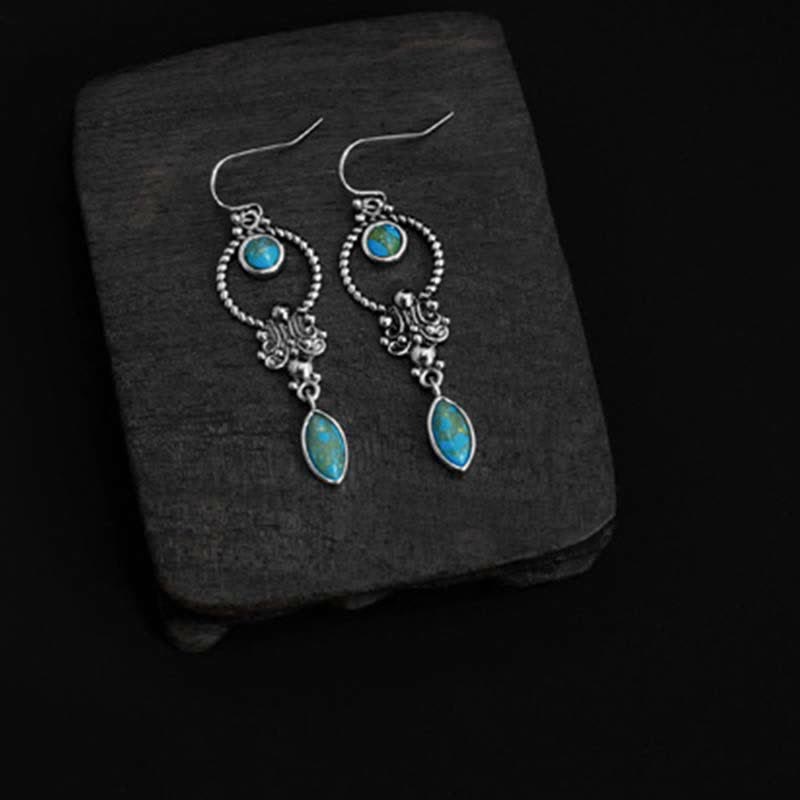 Buddha Stones 925 Sterling Silver Vintage Turquoise Waterdrop Pattern Balance Drop Dangle Earrings - image 7
