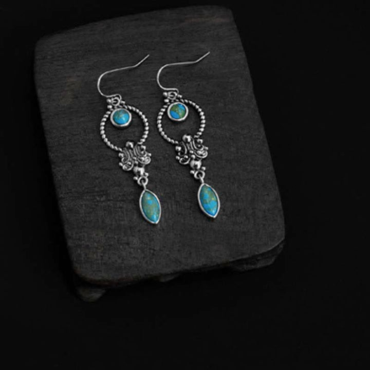 Buddha Stones 925 Sterling Silver Hook Vintage Copper Plated Silver Turquoise Waterdrop Pattern Balance Drop Dangle Earrings - image 7
