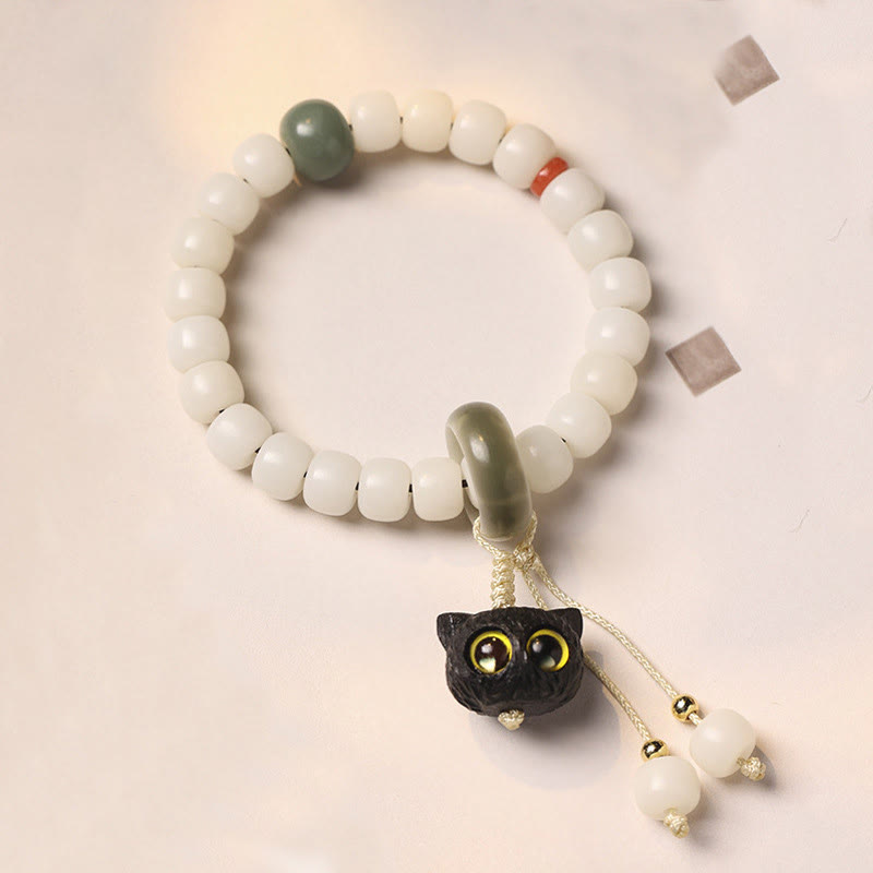 Buddha Stones Natural Bodhi Seed African Blackwood Lovely Cat Charm Peace Harmony Bracelet - Yellow Eyes Cat Bodhi Seed - image 0