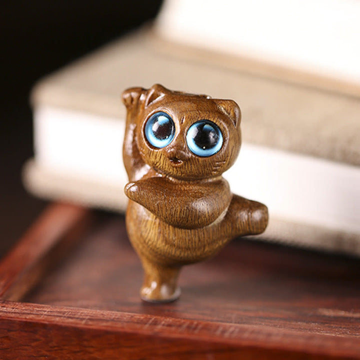 Buddha Stones Mini Green Sandalwood Dancing Cat Engraved Positive Desk Decorations - 3.7*2.5*2.1cm - image 0