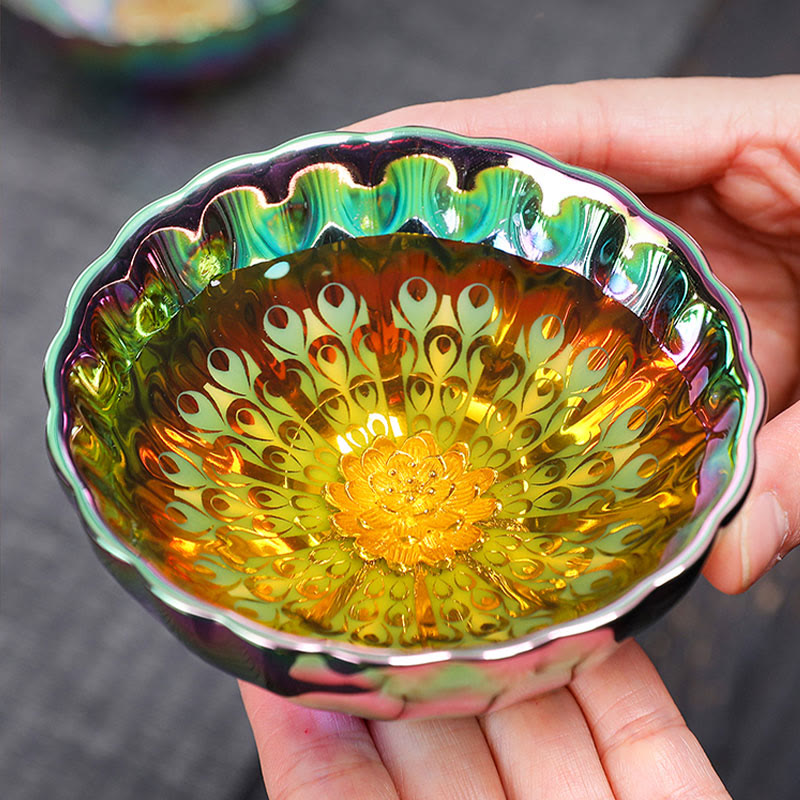 Buddha Stones Vivid Peacock Lotus Inlaid Design Colorful Chinese Jianzhan Ceramic Teacup Kung Fu Tea Cup - image 7