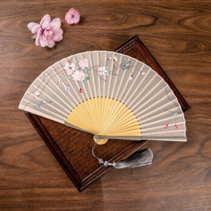 Buddha Stones Jasmine Lotus Begonia Flowers Handheld Bamboo Folding Fan - Beige Begonia Flowers - image 9