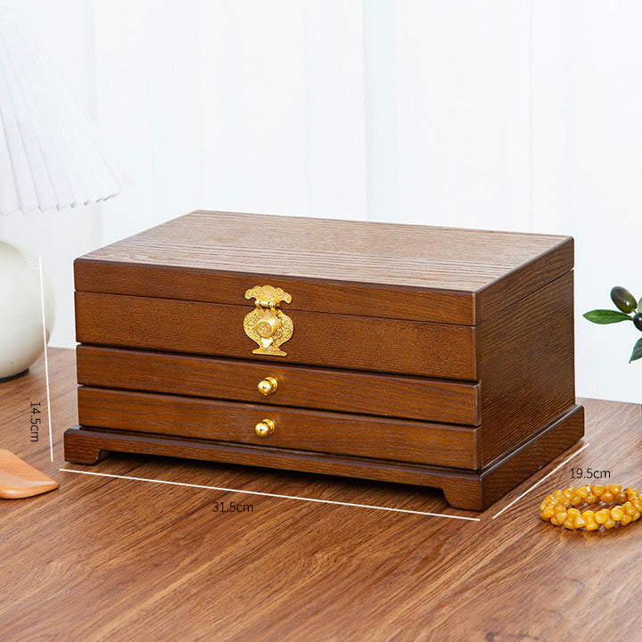 Buddha Stones Retro Wooden Jewelry Box Three-Layer Jewelry Storage Box - image 13