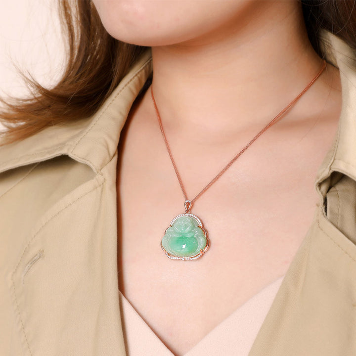 925 Sterling Silver Laughing Buddha Natural Jade Prosperity Necklace Chain Pendant - image 4