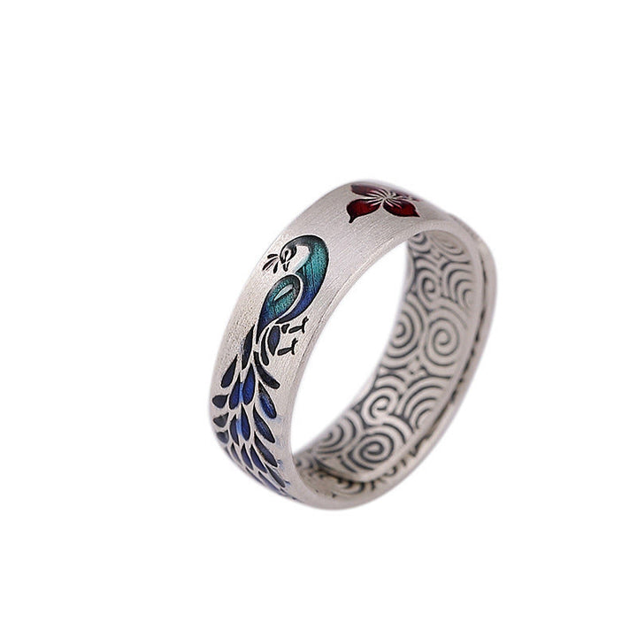 Buddha Stones 999 Sterling Silver Peacock Auspicious Clouds Engraved Lotus Flower Fortune Ring - image 7