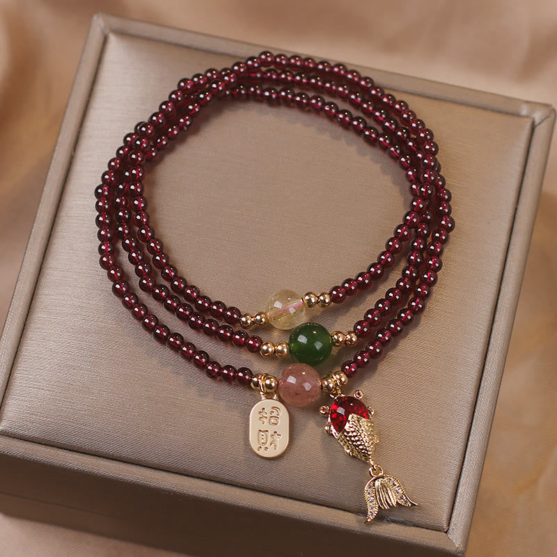 Buddha Stones Natural Garnet Strawberry Quartz Crystal Fox Koi Fish Peace Buckle Fortune Protection Triple Wrap Bracelet - image 7