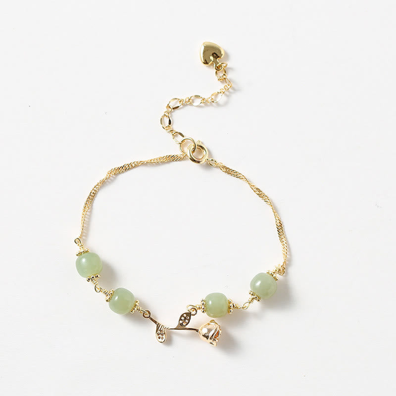 Buddha Stones 14K Gold Plated Hetian Jade Golden Rose Flower Luck Chain Bracelet - image 3