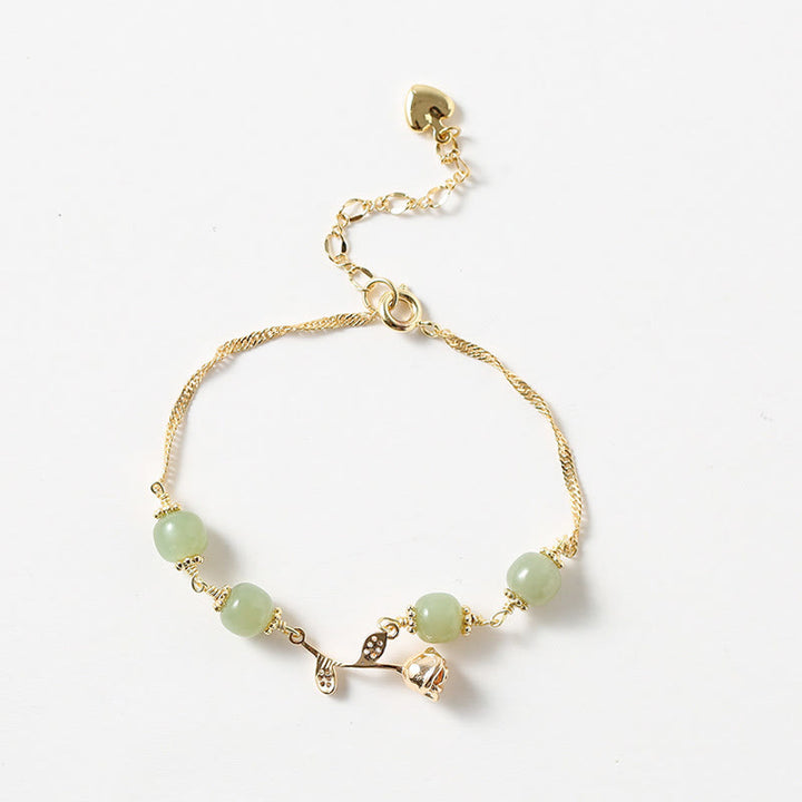 Buddha Stones 14K Gold Plated Hetian Jade Golden Rose Flower Luck Chain Bracelet - image 3