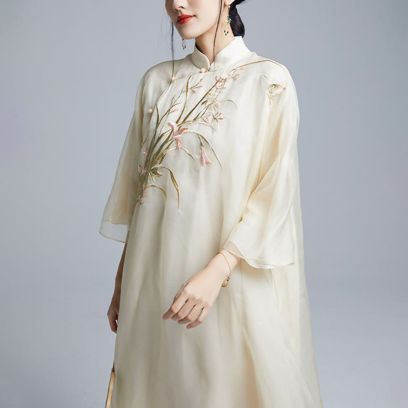 Buddha Stones 100% Mulberry Silk 6 Momme Dress Vintage Flower Butterfly Embroidery Qipao Dress Women's Cheongsam Dress - image 3