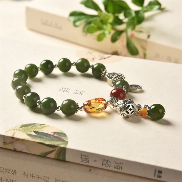 Buddha Stones 925 Sterling Silver Hetian Cyan Jade Gourd Amber Success Bracelet - image 6