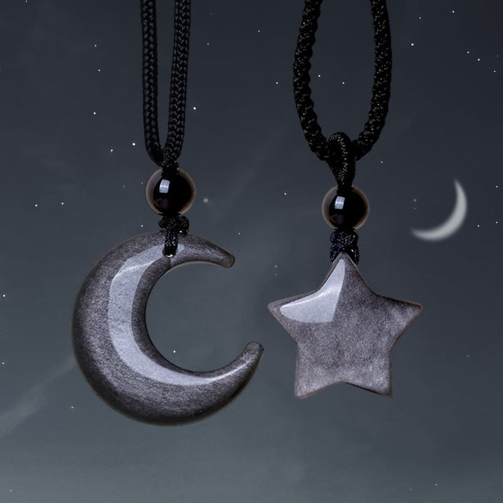 Buddha Stones Natural Silver Sheen Obsidian Star Crescent Moon Protection Necklace Pendant - Couple(Star&Moon) - image 10