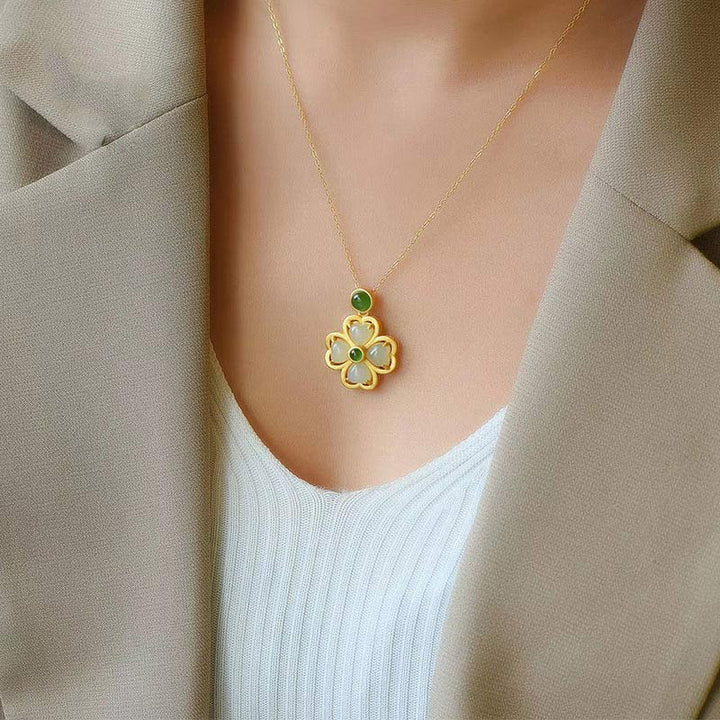 Buddha Stones 925 Sterling Silver Lucky Four Leaf Clover Jade Prosperity Necklace Chain Pendant - image 5