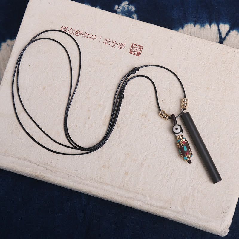 Tibetan Ebony Wood Dzi Bead Peace Calm Necklace Pendant - image 2