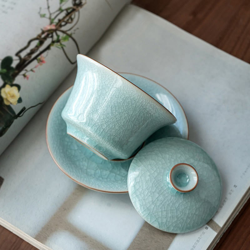 Buddha Stones Retro Green Ice Glaze Ceramic Gaiwan Sancai Teacup Kung Fu Tea Cup And Saucer With Lid - image 1