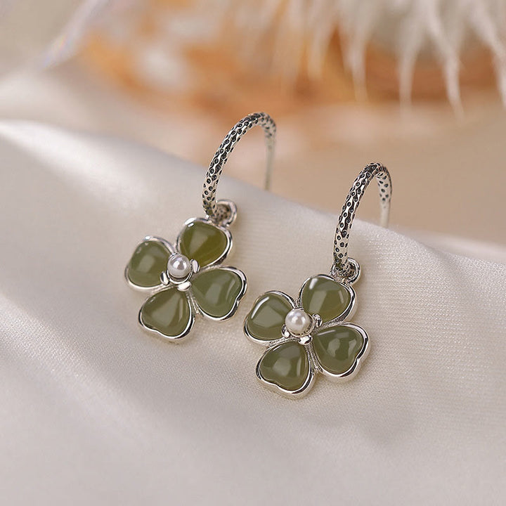 Buddha Stones 925 Sterling Silver Natural Cyan Jade Four Leaf Clover Luck Success Earrings - Silver Green Jade - image 8