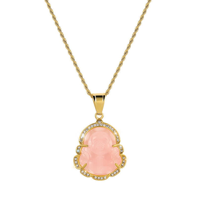 Buddha Stones 18K Gold Filled Laughing Buddha Jade Luck Necklace Chain Pendant - Pink - image 11