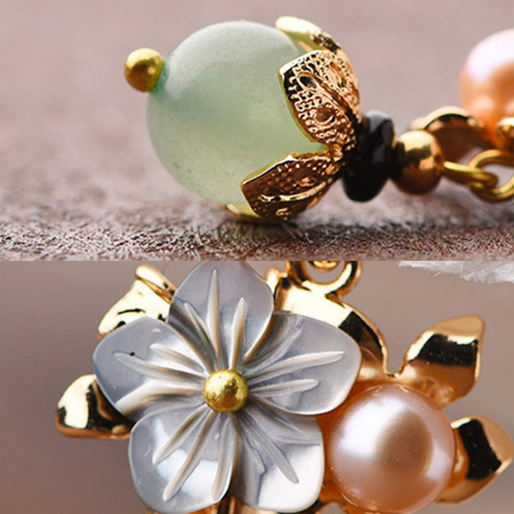Buddha Stones 14K Gold Plated Tridacna Stone Flower Pearl Green Aventurine Bead Drop Earrings - image 5