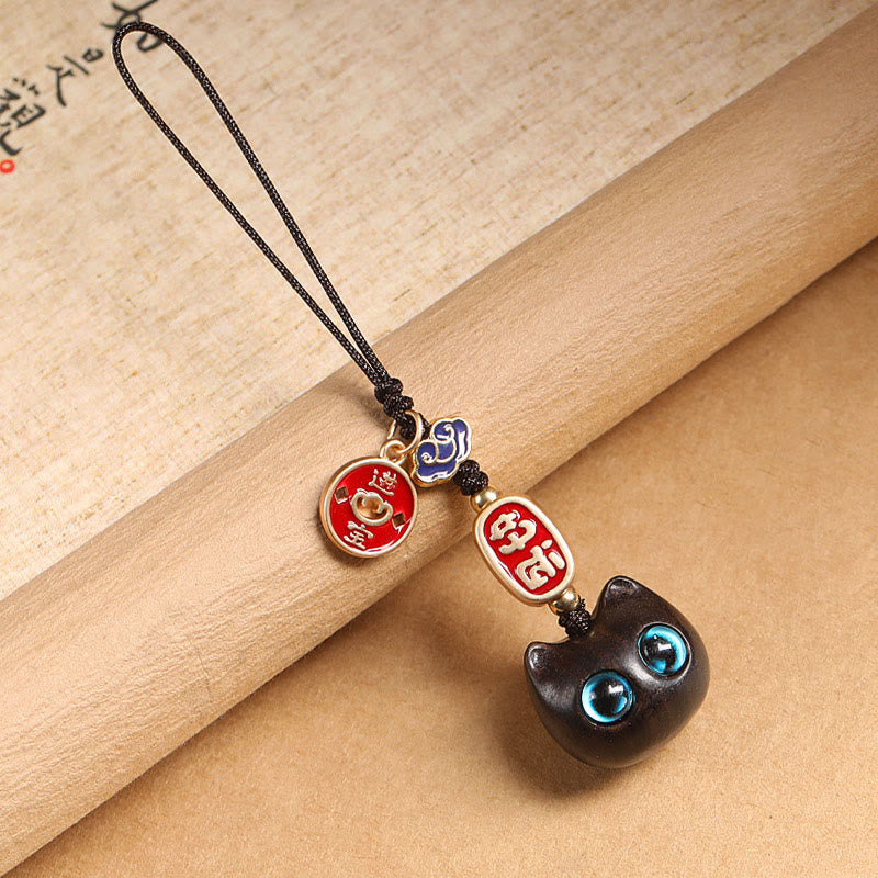 Buddha Stones Ebony Wood Lucky Cat Auspicious Cloud Peace Key Chain Phone Hanging Decoration - Blue Eyes Cat - Phone Hanging Decoration - image 18