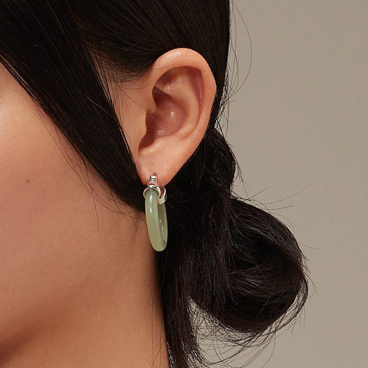 Buddha Stones Round Jade White Jade Prosperity Earrings - image 4