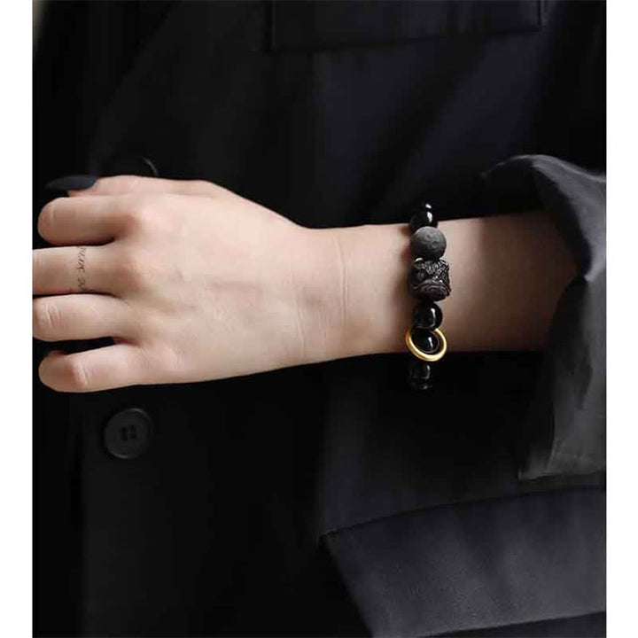 Buddha Stones Black Obsidian Silver Sheen Obsidian Lion Strength Bracelet - image 5