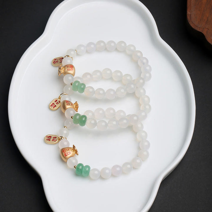 Buddha Stones Natural White Agate Red Agate Money Bag Fu Character Four Leaf Clover Protection Bracelet - image 3