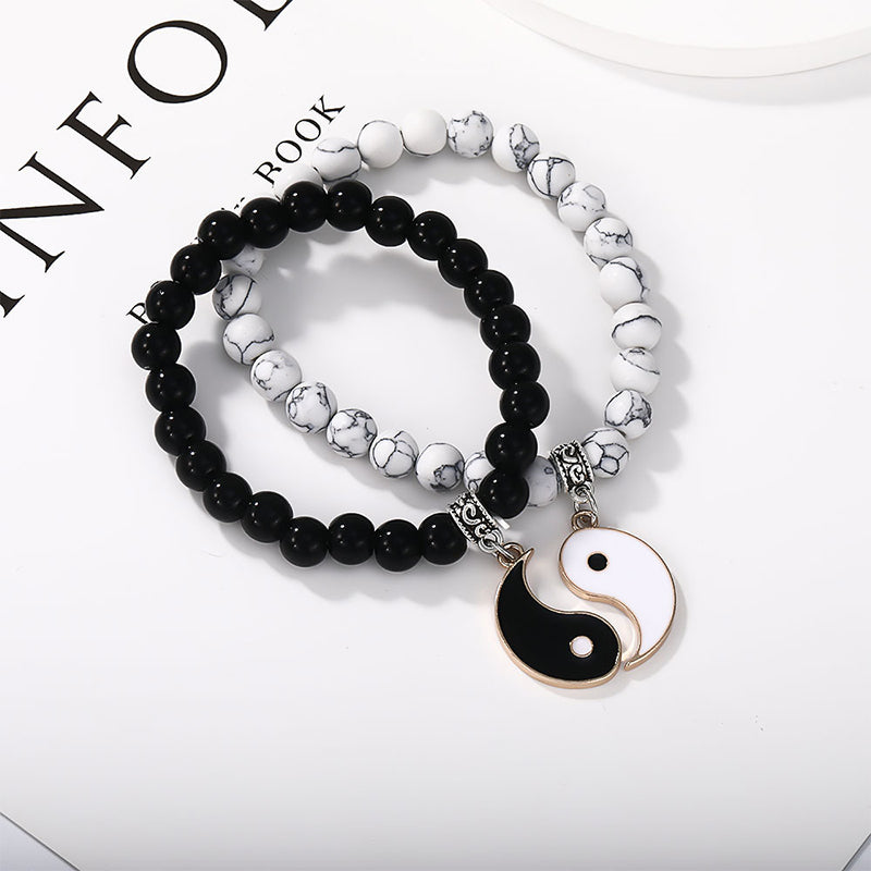 Buddha Stones 2Pcs Black Onyx White Turquoise Bead Yin Yang Protection Couple Bracelet - Gold Black Onyx& White Turquoise - image 14