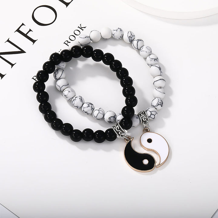 Buddha Stones 2Pcs Black Onyx White Turquoise Bead Yin Yang Protection Couple Bracelet - Gold Black Onyx& White Turquoise - image 14