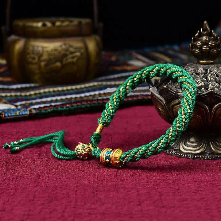 Buddha Stones Tibetan Handmade Luck Thangka Prayer Wheel Charm Weave String Bracelet - Green - image 12